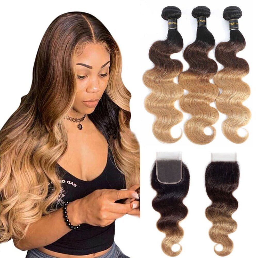 Human Hair Bundles with Closure Ombre 3 Tone 20in Brazilian Virgin Remy